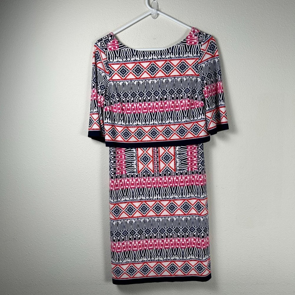 Eliza J Shift Dress Size 6 Aztec Geometric Print Popover Stretch Boat Neck